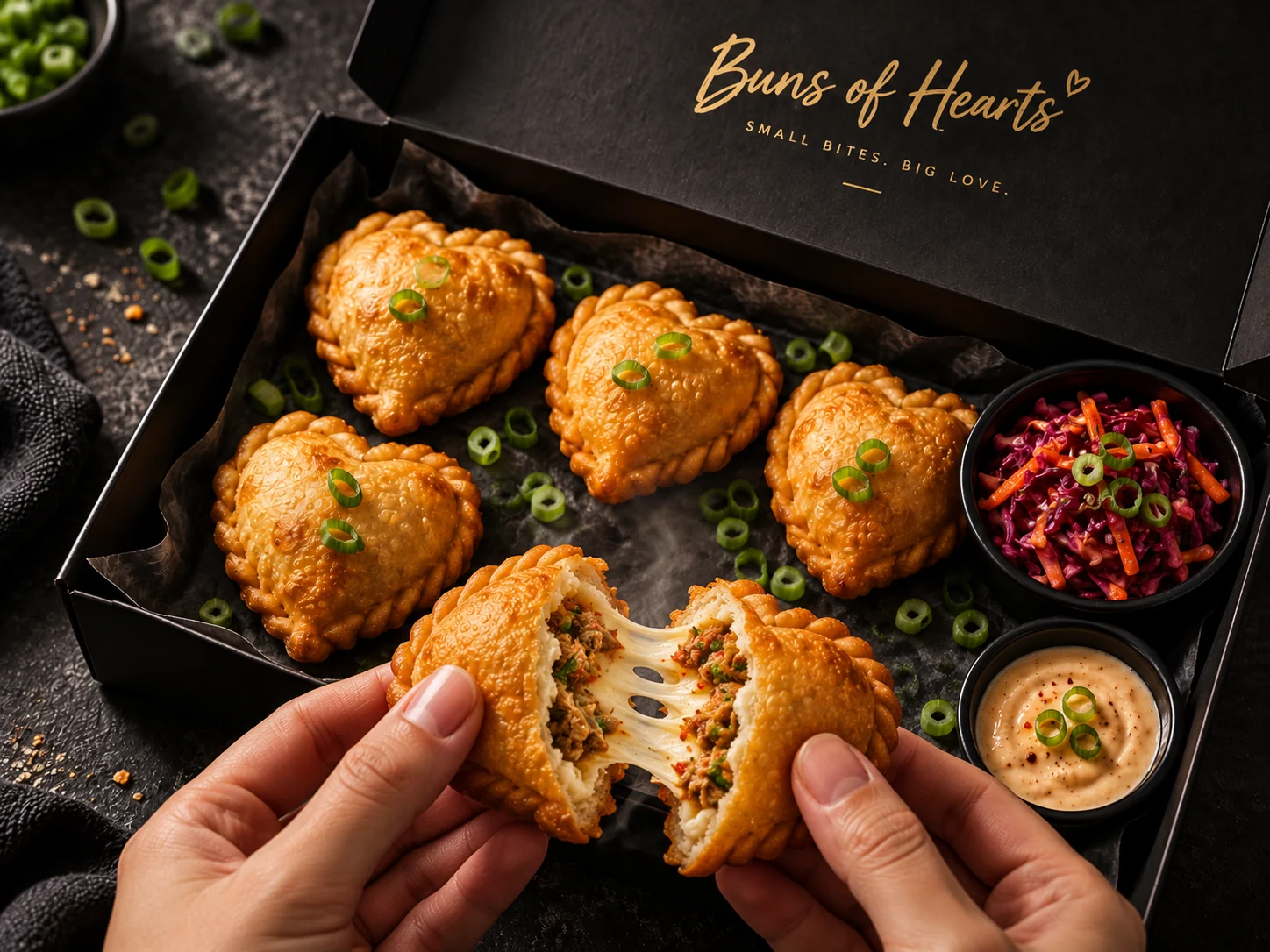 Buns of Hearts i svart box med sås, rödkåls-coleslaw och ett öppnat heart med smält ost