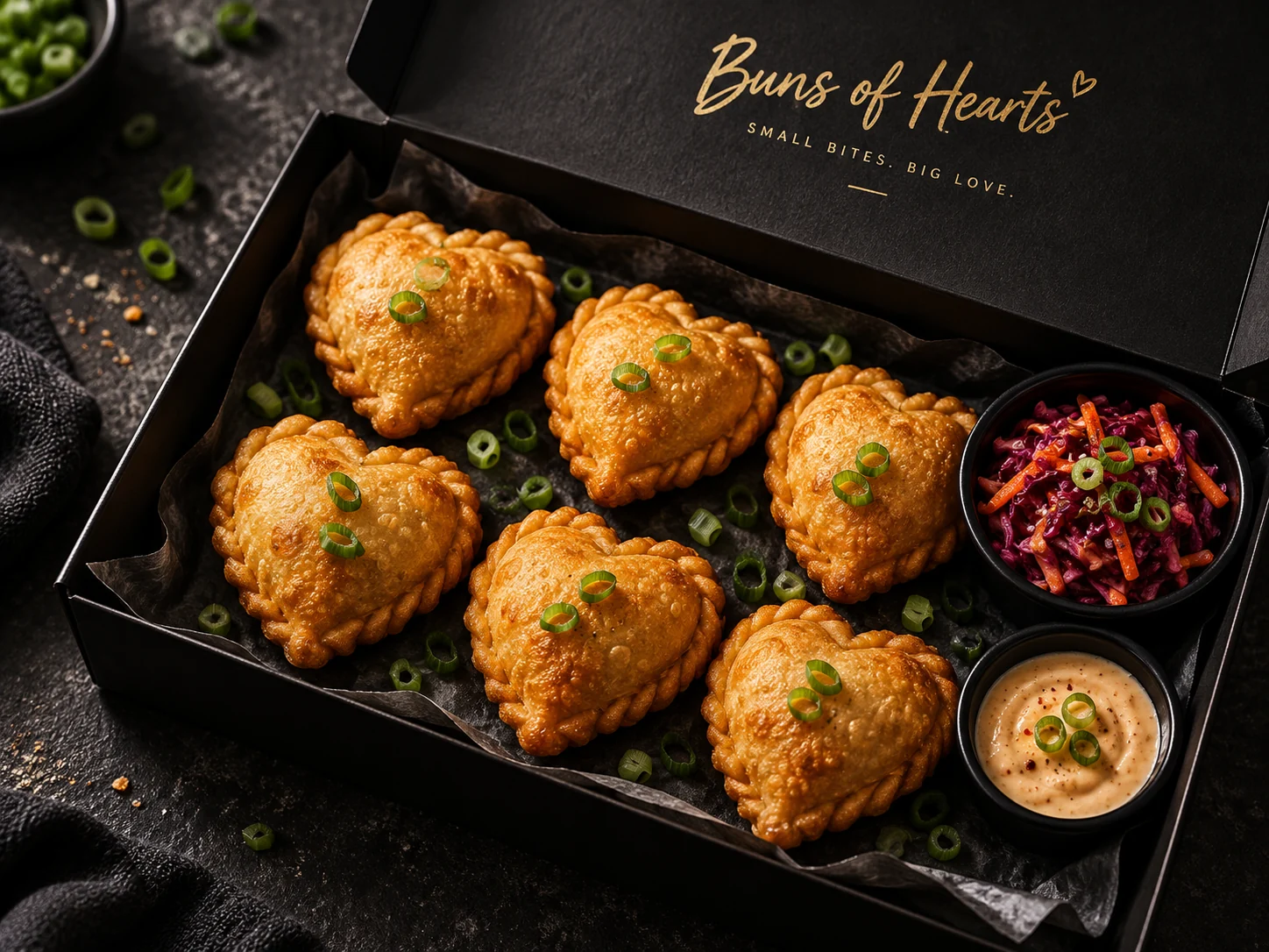 Svart Buns of Hearts-box med sex gyllene hearts, rödkåls-coleslaw och sås